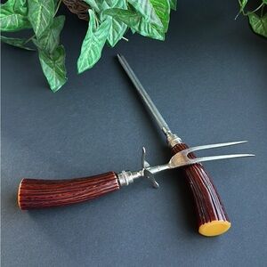 VTG Bakelite Faux Elk Horn Stag Antler Meat Carving Fork & Knife Sharpener